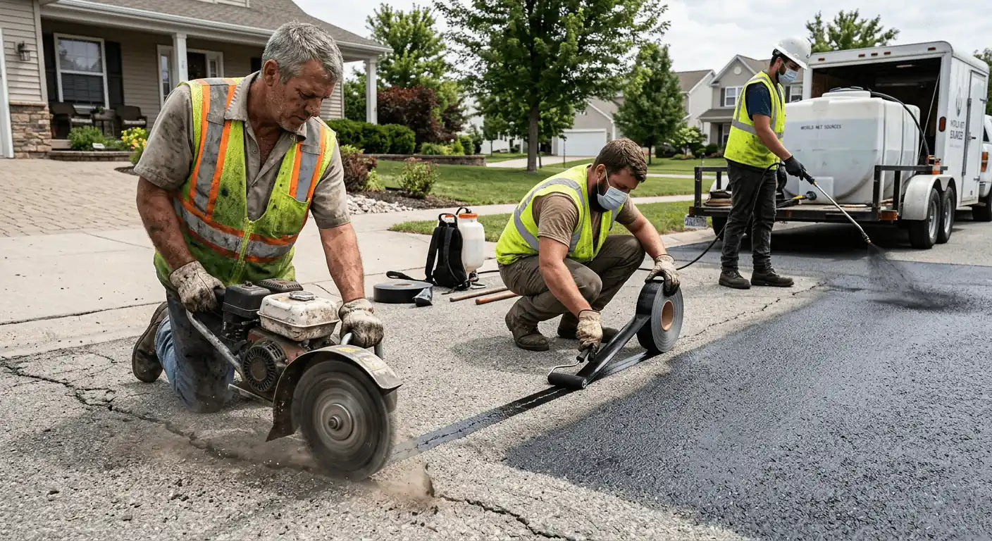 workers in high-visibility vests are working on a road