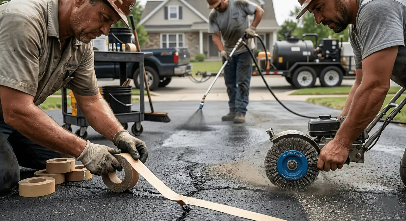 Three workers using tools on a driveway